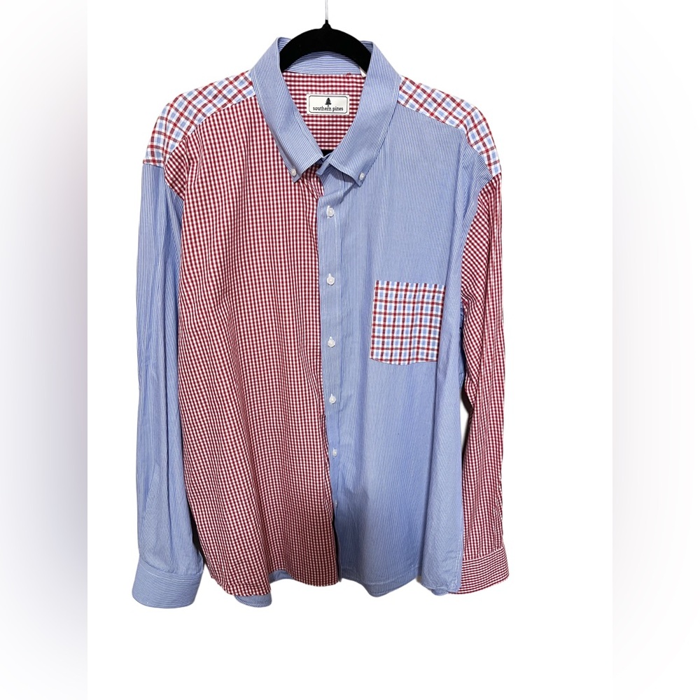 Southern Pines XXL Red White Blue Plaid Gingham Stripe Button Shirt Cotton Men’s